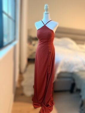 Azazie Terracotta Halter Evening Gown